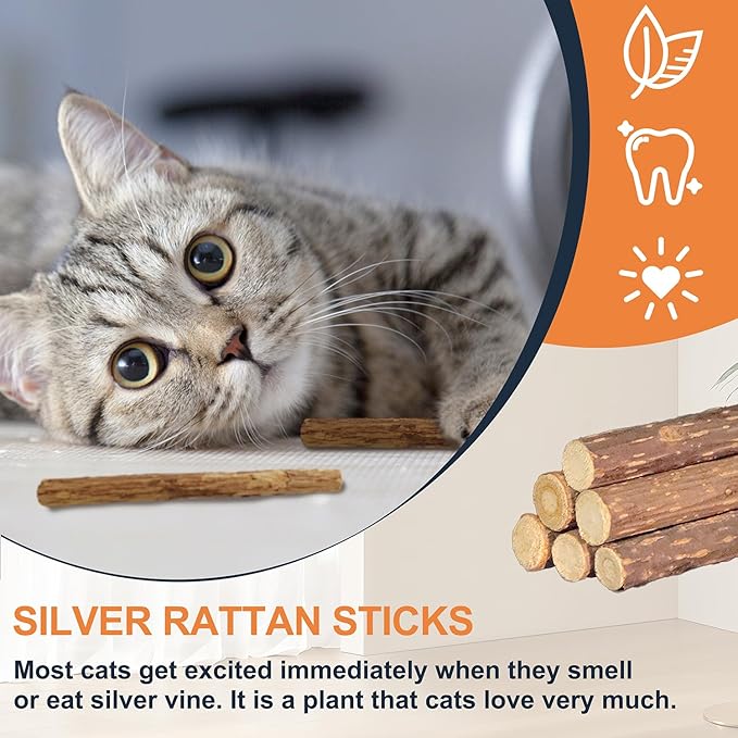 12pcs Silvervine Cat Toys,Raffia Silvervine Sticks for Cats, Catnip Cat Chew Toys Teeth Cleaning,Edible Kitty Toys