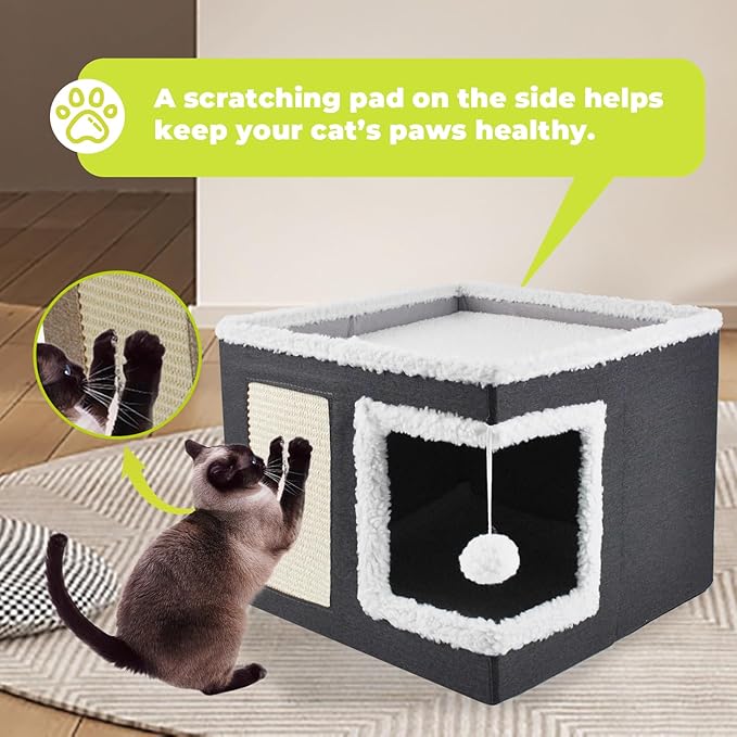 Cat Bed for Indoor Cats Cube House,Large Covered Cat Beds Cave & Furniture with Fluffy Ball and Scratch Pad Foldable Hideaway Nest & Condo with Washable Mat for Kitten Kitty Small Pet(Grey)