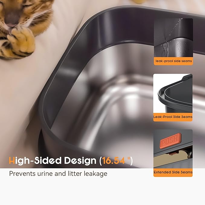 Odor Control XL Stainless Steel Litter Box,3-in-1 Enclosed High Sided Litter Box with High Lid for Big Cats,Non-Sticky,Anti-Leakage,Easy Clean,with Scoop & Filter Pedal