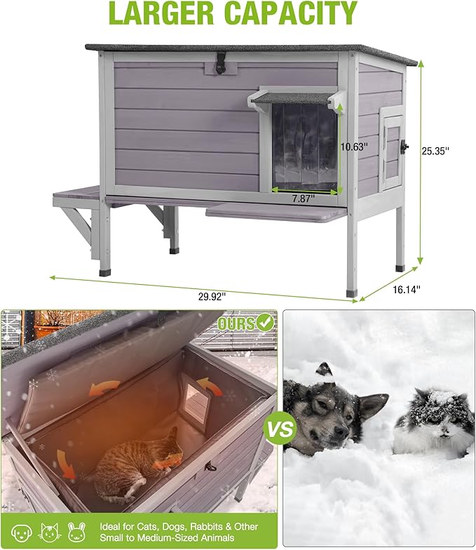 GUTINNEEN Heated Cat House with Bite-Resistant Wires, Insulated Cat House Outdoor with Detachable Lining, Expandable Feral Cat Shelter with Weatherproof Roof