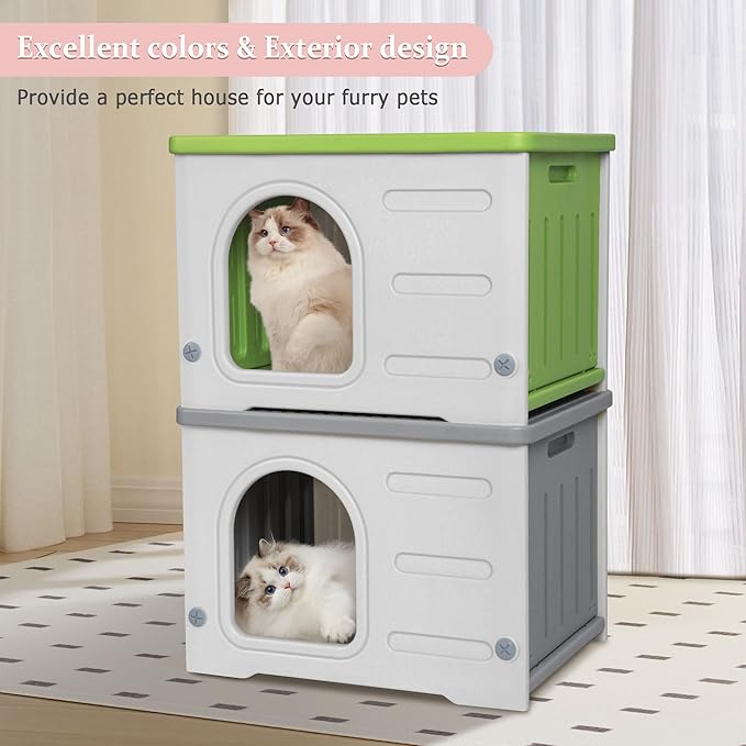 Deblue Plastic Cat House for Indoor Outdoor, Weatherproof Outside Cat House for Feral Cats, Unique Cat Shelter for Small Pet, Spacious, Easy to Assemble - Grey