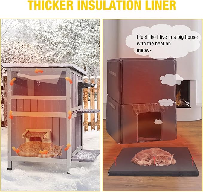 Aivituvin Outdoor Cat House with Insulated Liner - Weatherproof Winter Shelter for Feral Cats, 2-Level Outdoor Enclosure with Escape Door