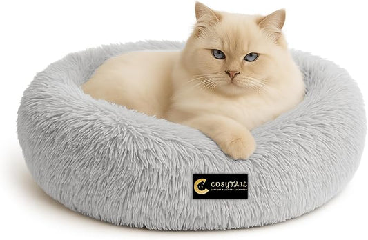 Anti-Anxiety Donut Pet Bed, Round Plush Faux Fur, Washable, Small to Medium Dogs and Cats (Grey, Large)