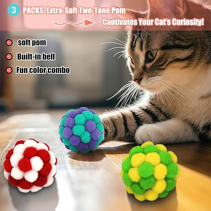 6 Pack Cat Toys Balls - 3 Jingle Bell Ball & 3 Soft Pom Pom Balls, Interactive Kitten Toys for Hunting/Kicking, Handmade, Small 1.8” & Large 2.1” for Adult Cats/Kittens