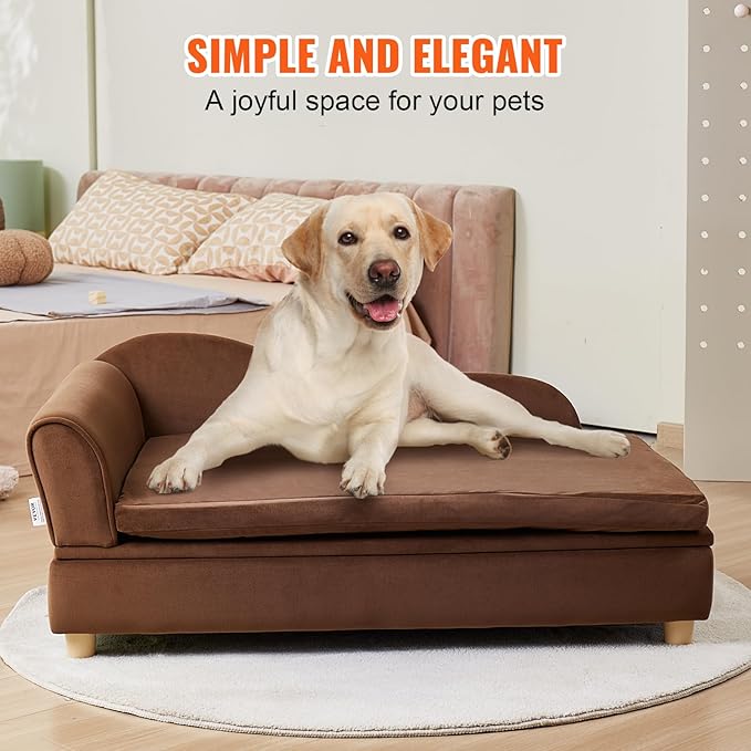 VEVOR Large Dog Couch Sofa Bed for Small Dogs and Cats, Soft Velvety Pet Sofa Bed, 60 lbs Loading Cat Sofa, Dark Brown