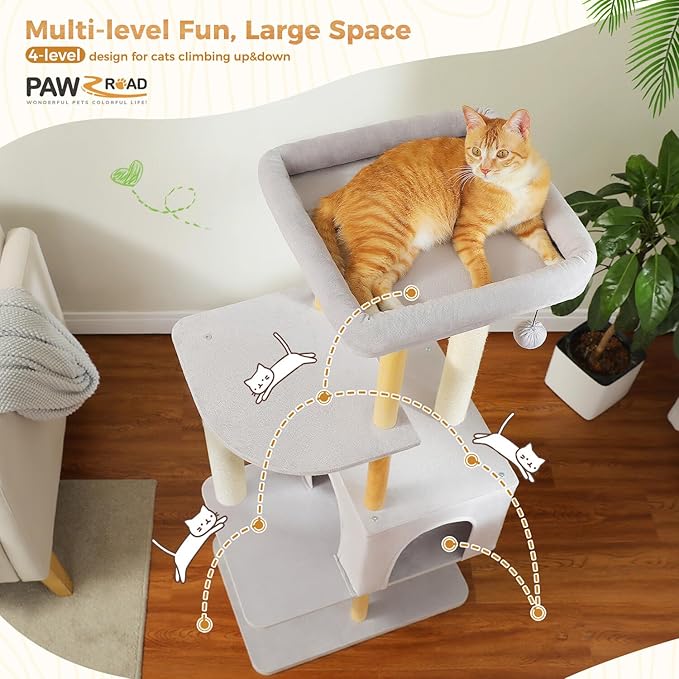 PAWZ Road Large Cat Tree, 53 Inches Modern Wooden Cat Tower for Indoor Cats, Multi-Level Cat Condos with Long Scratching Posts and Natural Wood Posts,Gray