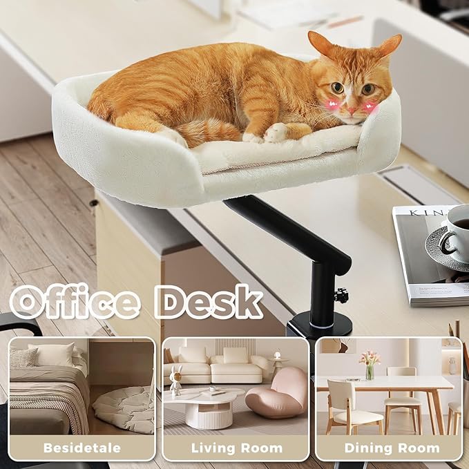PAWZ Road Cat Desk Bed for Indoor Cats, Cat Bed for Desk Supports Up to 50 lbs, 360° Rotation & Adjustable, Nest Desktop Attachment Cats Hammock for Table, White