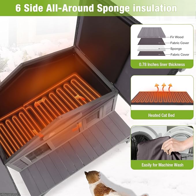 GUTINNEEN Heated Outdoor Cat House Weatherproof Large Cat Shelter with 100% Insulated Liner for Multiple Cats, Cat Houses for Indoor Cats(Grey)
