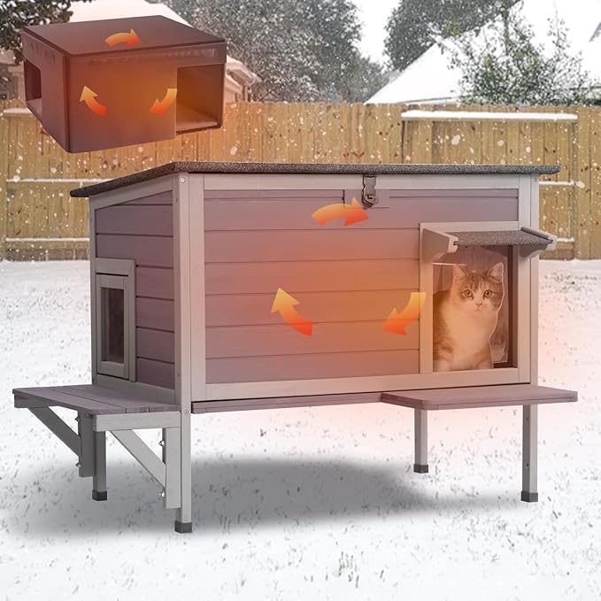 GUTINNEEN Insulated Outdoor Cat House with All-Round Liner, Weatherproof Feral Cat Shelter for Winter, Outside Stray Cat House with 3 Escape Doors and Elevated Base