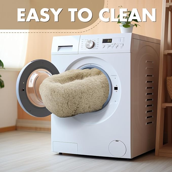 Athena Collection Washable Small Dog Bed, Cat Bed for Indoor Cats, 24 Inches Fluffy Faux Fur Round Pet Bed Calming Cozy Soft Warming Donut for Small Dog Puppy Kitten, Beige
