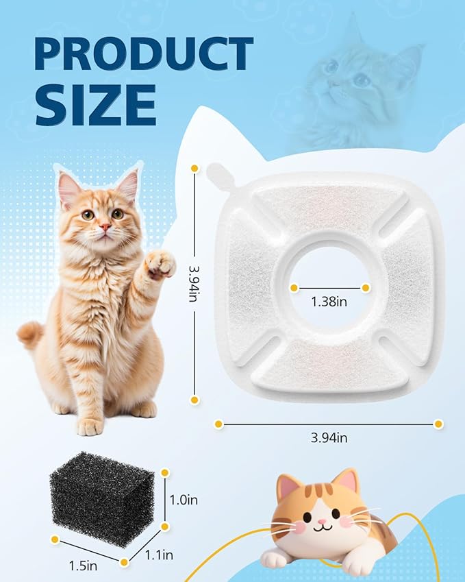 50 Pcs Cat Water Fountain Filters for Veken 95oz/2.8L, 67oz, 85oz, 135oz Dog Water Fountain Automatic Pet Fountain Dog Water Dispenser 25Pcs Pet Fountain Filter Replacement & 25Pcs Pre-Filter Sponges