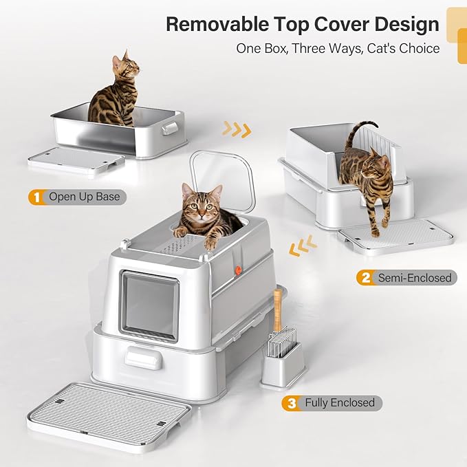 Enclosed Stainless Steel Cat Litter Box with Lid,XL Large Metal Cat Box with Drawer for Big Cats,Top Exit Kitty Litter Box Includes Scoop, Filter Pedal,Odor Control, Easy Cleaning
