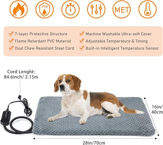 INVENHO Heated Dog Bed, Waterproof Adjustable Temperature Dog Cat Heating Pad with Timer, Indoor Pet Heating Pad for Cats Dogs Electric Pads for Dogs Cats, Pet Heated Pad (M: 28" x 20")