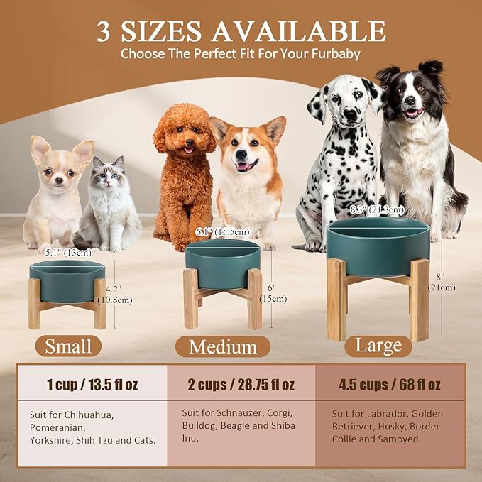 Elevated Ceramic Large Dog Bowl - Raised Dog Dish with Bamboo Stand - Heavy Weighted, No Tip Over, Comfortable Eating - 8.4" Diameter - 4.5 Cups - 68 fl oz - Green
