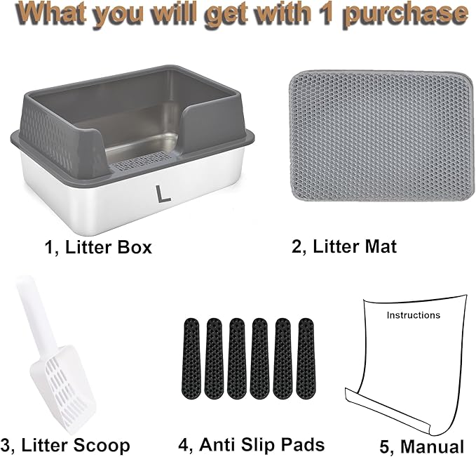 Enclosed Stainless Steel Cat Litter Box with Lid Large Litter Box for Cats Metal Litter Pan Tray with High Sides Scoop & Litter Mat Inside, Non-Sticky Anti Leakage Easy Cleaning (Grey, L)