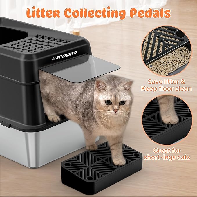 URPOWER Stainless Steel Cat Litter Box with Lid Extra Large Enclosed Litter Box for Cats Non-Sticky Metal Pan with High Sided Enclosure & Scoop, Front & Top Entry, Anti-Leakage, Easy Cleaning
