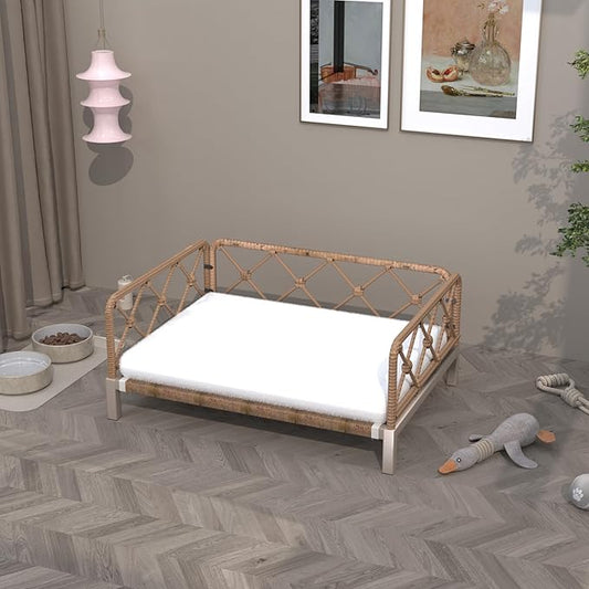 Outdoor Wicker Dog Bed Indoor Rattan Dog Sofa with Soft Cushion (Brown Wicker/White Cushion, Small)