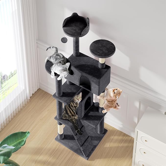MoNiBloom Cat Tree, 77 Inch Cat Tree Tower with 2 Condo, Tall Cat Tower with Scratching Post, Cat Climbing Tower, Cat Tree for Indoor Cats, Smoky Grey