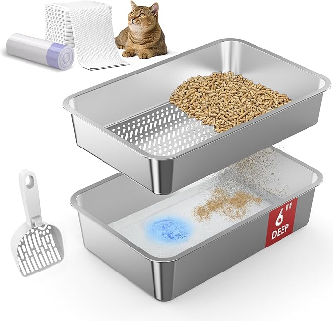 23.6”x15.7”x6” SuzziPaws Stainless Steel Cat Litter Box with Odor Control System, XL Open Top Sifting Litter Box for Big Cats, Includes Pee Pads & Liners, Easy-Clean Metal Litter pan for Pine Pellets