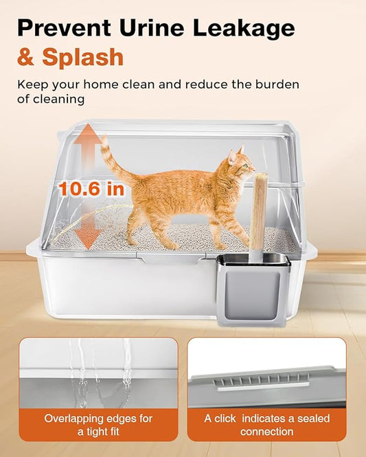 Stainless Steel Litter Box with Lid - Extra Large Cat Litter Boxes for Big Cats with Mat & Scoop - Anti-Leakage, Odor-Proof, High-Sided, Non-Stick& Easy to Clean - Ideal for Multi-Cat Homes - White