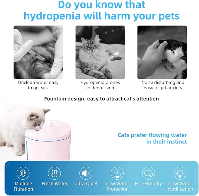 DOGNESS D06 Cat Water Fountain with Filter, Keep Water Fresh Automatic 3.2L Large Capacity Ultra Silent Removable Fresh Cat Water Dispenser for Dogs, Cats, Birds (3.2L Pink)