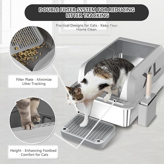 Stainless Steel Cat Litter Box with Lid Extra Large Metal Pan Tray with Enclosed High Sides for Big Cats Multi-Cat, XL Non-Stick Anti-Leakage Easy Cleaning Includes Scoop(Grey)