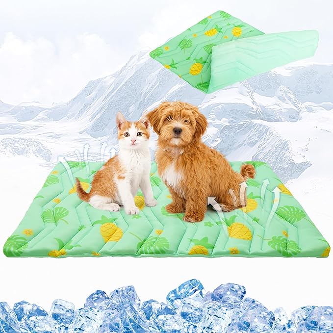 KOOLTAIL Dog Cooling Mat, Upgraded Two Sided Cooling Pad for Dogs Cats Puppy, Soft Pet Sleeping Blanket Keep Cool in Summer with Cute Fruit Pattern, Washable Waterproof for Crate Sofa Bed, Green L