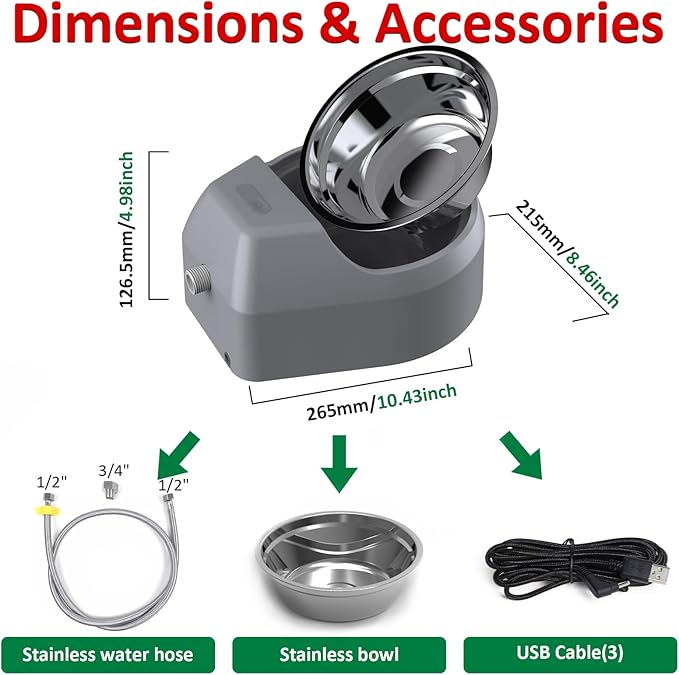 Dog Water Fountain Auto Filling Dog Water Dispenser Connect Water Supply, USB Supply Auto Replenish Water Dog Bowl