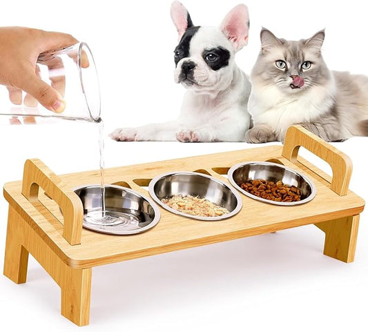 Elevated Cat Food Bowl, 3 Stainless Steel Raised Cat Bowls with Stand, 15°Tilted Cat Bowl for Small Dog, Cat Food and Water Bowl Set, Anti Vomitting, Whisker Fatigue and Dishwasher Safe - Natural