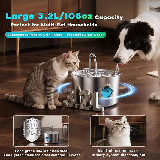 3.2L/108oz Stainless Steel Dog Water Fountain, Automatic Pet Water Bowl Dispenser with Quadruple Filtration (Dog/Cat Water Fountain Filter, 8 Filters + 4 Water Pump Cotton)