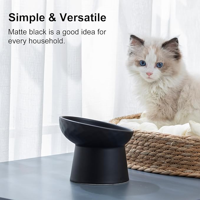 YauYik Ceramic Raised Cat Bowls, Elevated Tilted Cat Food and Water Bowls Set, Stress Free Pet Feeding Dish for Indoor Cats and Small Dogs, Anti Vomiting, Black, 2 Pack