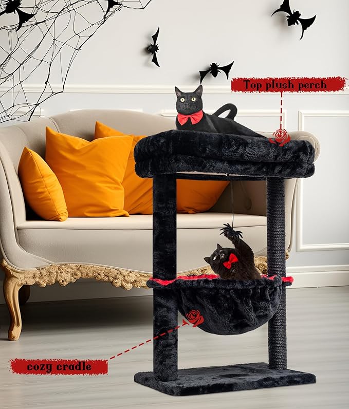SYANDLVY Gothic Cat Tree with Coffin Bed for Indoor Cats, Activity Cat Tower with Scratching Post for Kittens, Cat Condo Furniture with Basket & Spider Hanging Ball for Play Rest