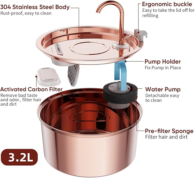 Tomxcute Cat Water Fountain Stainless Steel - 108oz/3.2L Cat Fountain for Drinking- Large Capacity Pet Water Fountain - Copper Surface