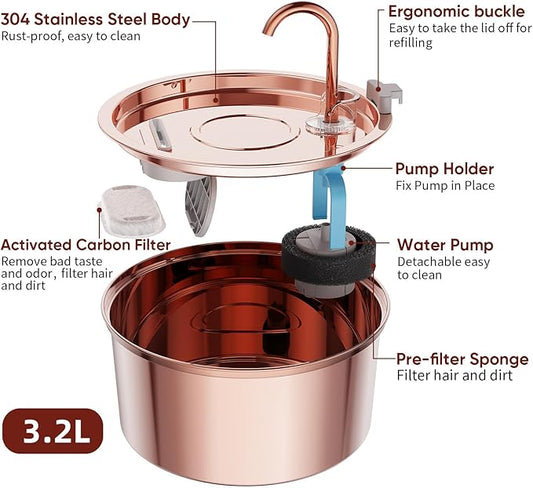 Tomxcute Cat Water Fountain Stainless Steel - 108oz/3.2L Cat Fountain for Drinking- Large Capacity Pet Water Fountain - Copper Surface