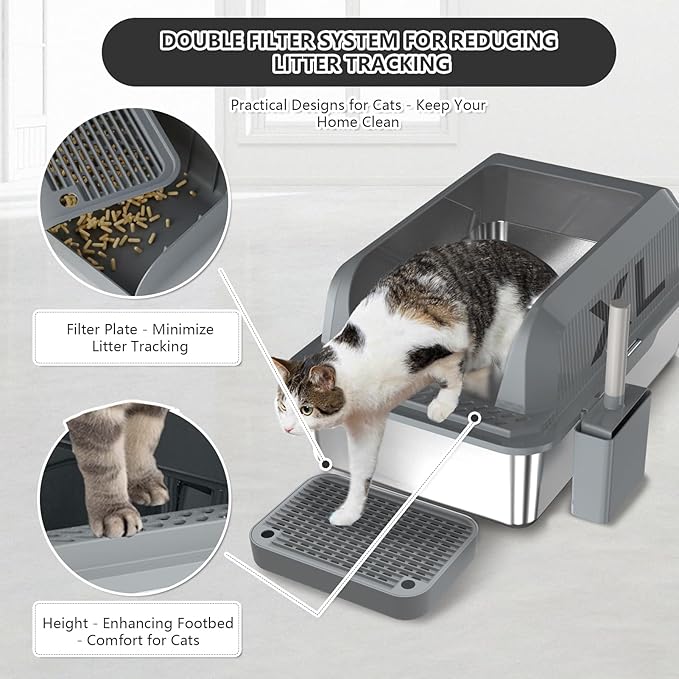 Stainless Steel Cat Litter Box with Lid Extra Large Metal Pan Tray with Enclosed High Sides for Big Cats Multi-Cat, XL Non-Stick Anti-Leakage Easy Cleaning Includes Scoop(Dark Grey)