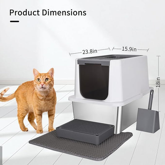 RIZZARI Stainless Steel Cat Litter Box, Odorless Enclosed Litter Box with Top Holes, Large Litter Pan for Small to Large Sized Cats (Dark Gray, 24" L*16" W*18" H)
