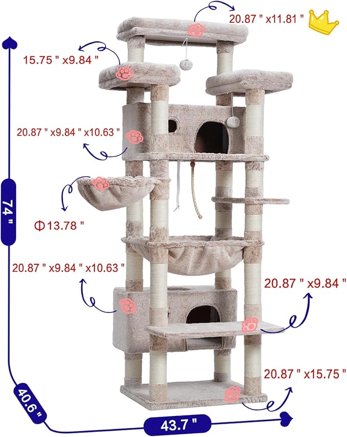Cat Tree for Indoor Cats Large Adult, 74" Cat Tower with 3 Big Platforms, 2 Baskets, 2 Condos, Multi-Level Cat Scratching Posts, Muchroom GCT030MU