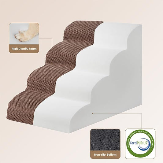 EHEYCIGA Curved Dog Stairs Ramp for High Beds 19.7" H, 4-Step Dog Steps for Small Dogs and Cats, Pet Stairs for High Bed Climbing, Non-Slip Balanced Pet Step Indoor, Brown