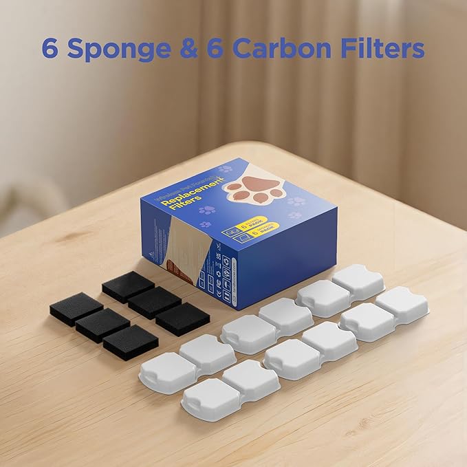 Cat Water Fountain Filter: 12 Cat Fountain Filter Replacement - 6 Carbon Filters & 6 Foam Filters - Suitable for IHOUONE Stainless Steel pet Fountains