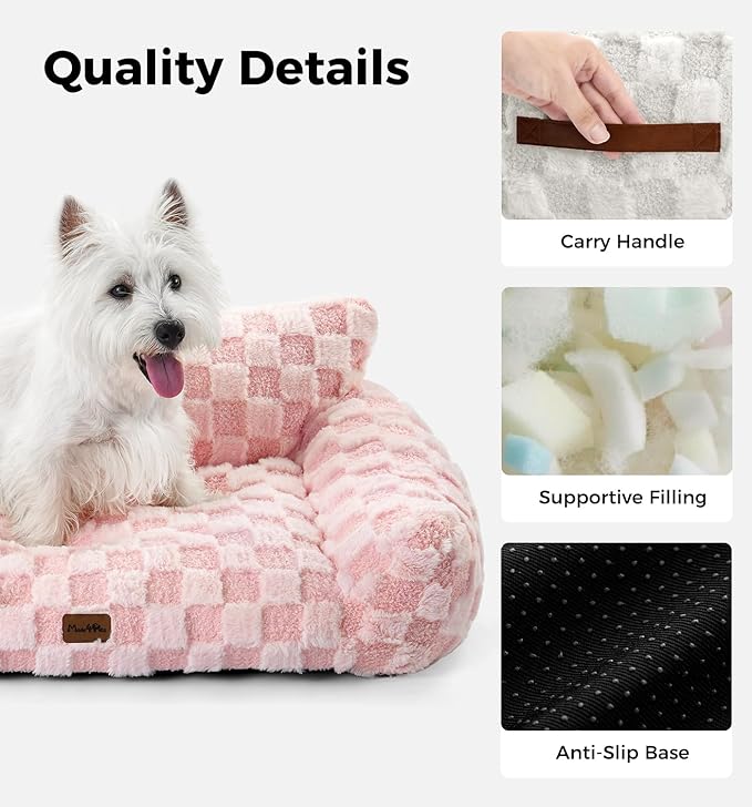 Made4Pets Cat and Dog Couch Bed, Soft Faux Fur Checkered Pet Sofa, Cozy Fluffy Pet Sofa with Supportive Foam, Removable Washable Cover with Non-Slip Base, Pink, Medium