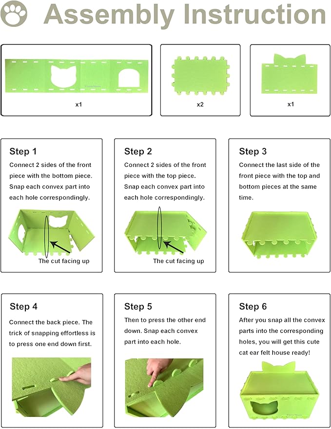 Cat House Cat Ear Design, Large Spacious Cozy Indoor Cat Bed Cave, Scratch Resistant Strong Thick Premium Felt Condo, Fun Hideaway for Multiple Cats, 21.5x13x11.6 inches (Bright Green)