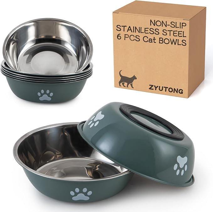 6 PCS Stainless Steel Cat Bowls, Non-Slip Stainless Cat Food Bowl Metal Cats Dishes Whisker Fatigue Kitten Plates Shallow Wide Kitten Bowls, 5.5” Whisker Friendly Feline Food Dish (Green 6 PCS)