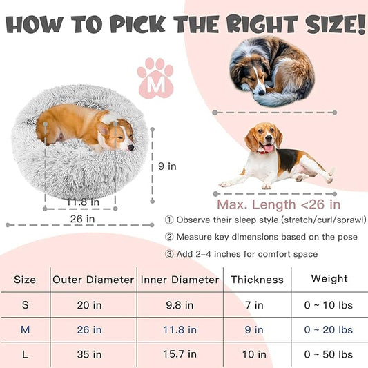 Himax Donut Bed for Small Medium Dogs With Attached Blanket - Calming, Washable (20"/26"/35") Light Grey