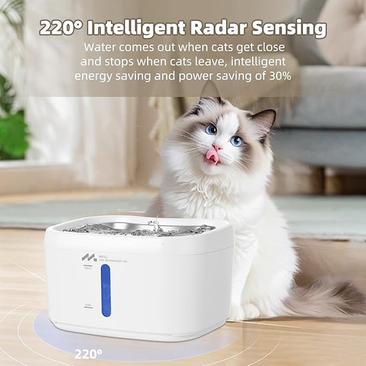 Meill Wireless cat Water Dispenser with 220° Motion Sensor & Quiet Pump, 85oz/2.5L Capacity, Battery Operated for Indoor and Outdoor use,Stainless Steel Drinking Tray, no Cleaning Hassle