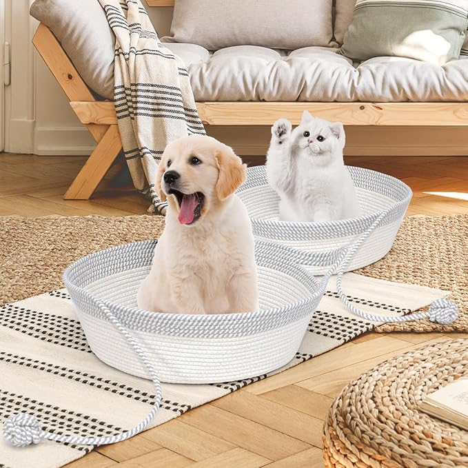 Cotton Rope Woven Cat Bed Basket, Hand Woven with Toy Tail, Small Dogs & Puppies Sleeping Bed, Indoor Cat & Rabbit Basket (Large, Gray & White)