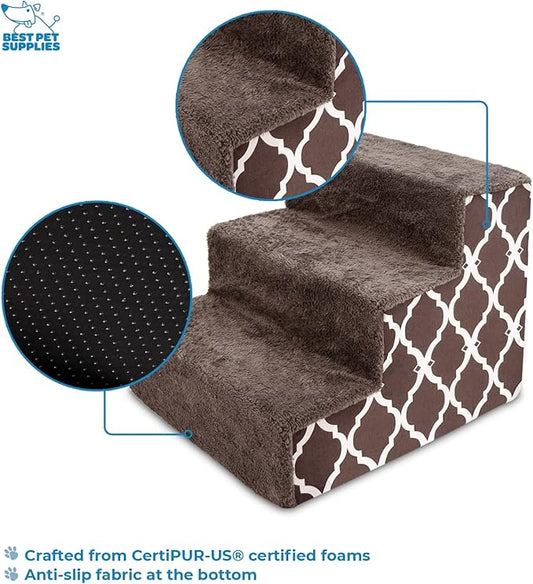 Best Pet Supplies Dog Stairs & Steps - Foam Steps for Small Dogs & Cats, Non-Slip Indoor Balanced Pet Step Support, Dog Ramp, No Assembly, Brown Lattice Print, 3-Step (13.5-inch Height)