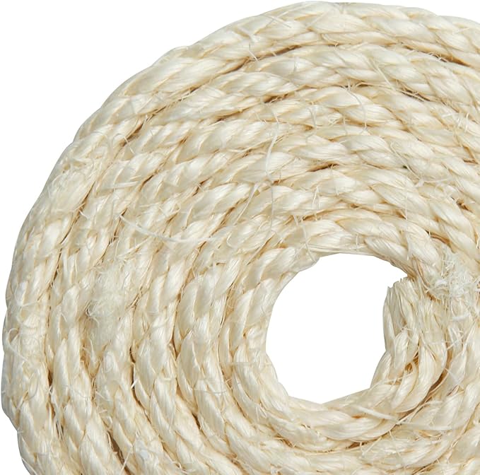 White Sisal Rope 1/4 Inch by 65-Feet for Cat Scratching Post Tree Tower Replacement Repair and Replace, DIY Hemp Twine Rope for Kittens Shelves Furniture Window Bed Perch Kicker Toys, 6mm by 20m