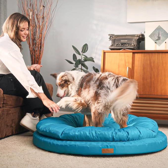 ClevaHome Orthopedic Dog Bed for Large Dogs, Dual Layer Water Repellent Round Pet Bed with Washable Cover Nonslip Bottom (Mosaic Blue)