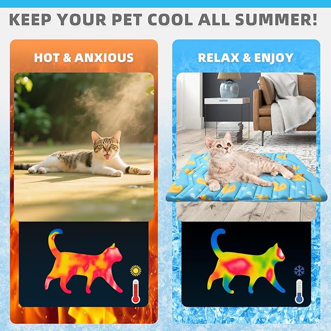 KOOLTAIL Cat Cooling Mat, Upgraded Two Sided Cooling Pad for Dogs Cats Puppy, Soft Pet Sleeping Blanket Keep Cool in Summer with Cute Duck Pattern, Washable Waterproof for Crate Sofa Bed, Blue S