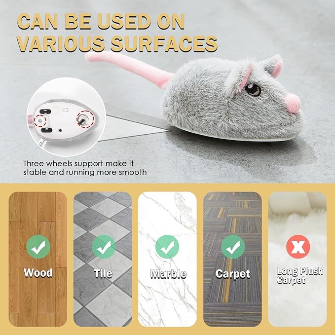 Cat Toys Squeaky Rechargeable Moving Mouse with Dynamic Magic Tail, Automatic Self Play Mouse Interactive Cat Toy for Indoor Cats, Electric Motion Activated Mice Toys for Kitten(Gray)